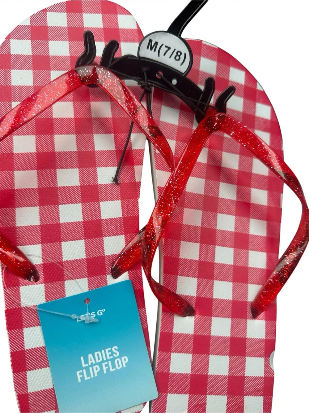 Ladies Flip Flop - Red Gingham with Red Glitter Straps